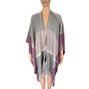 Woolrich Herringbone Fringe Ruana Shawl Wrap Cozy Softcore Cottage Mauve Gray